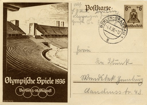 Photo:Postcard for the 1936 Berlin Olympics featuring the Olympic Stadium